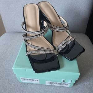 Women's Black Patent Rhinestone Strappy Slide Heels